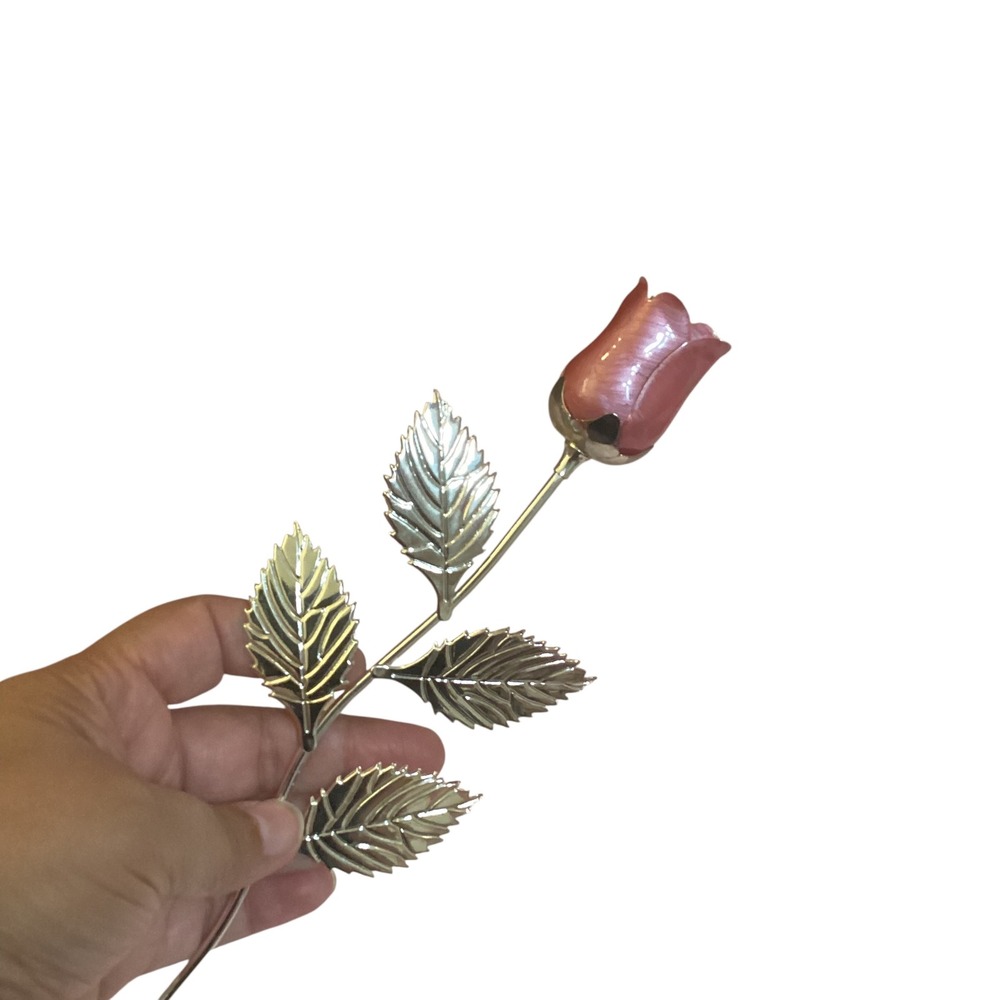 Sheridan Silver Plated Non Tarnish Pink Enameled LongStem Rose Decorative Flower - Picture 11 of 12